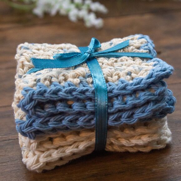Set of 2 Unique Gift Handmade Crochet Soft Cotton Baby Bath WASH CLOTHS Boy Blue - Picture 3 of 5